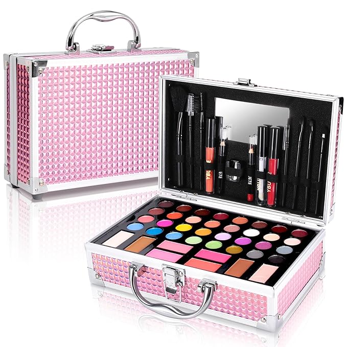 Beginner Makeup Kit for Teen,Makeup Set for Girl Women,Beginner Makeup Kit with Cosmetic Train Case Included 32 Colors Eyeshadow Blush Contour Lip Liner Lip Gloss Eyeliner Brush Set Mirror