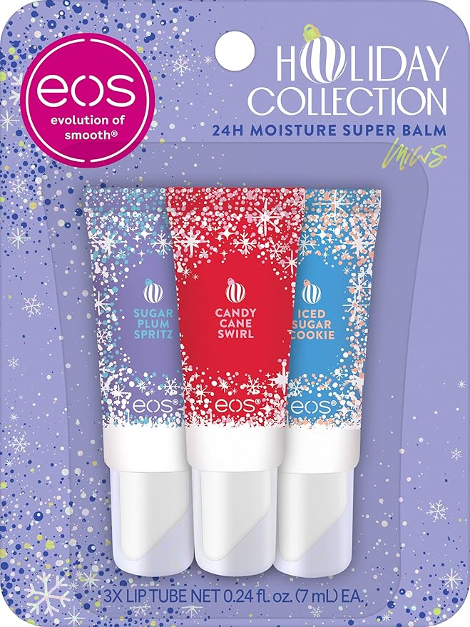 eos Holiday 24H Moisture Mini Super Balm Set, Sugar Plum Spritz, Candy Cane Swirl, Iced Sugar Cookie, Limited Edition Lip Care, Stocking Stuffers, 0.24 fl oz, 3-pack