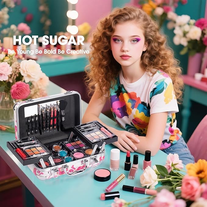 Hot Sugar All In One Makeup Set for Adults and Girls-Full Makeup Kit for Beginners Includes Eye Shadow Palette Blush Lip Gloss Lipstick Lip Pencil Eye Pencil Brush Mirror (Doughnut)