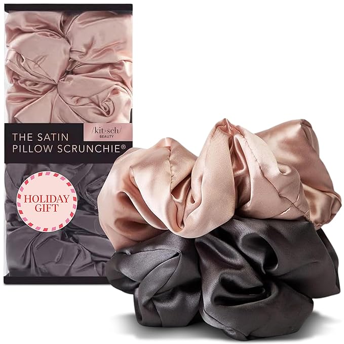 Kitsch Satin Hair Scrunchies for Women, Softer Than Silk Scrunchies for Hair - No Damage Satin Hair Ties, Ponytail Holders | Ideal Gifts for Women, 2pc (Blush/Charcoal)