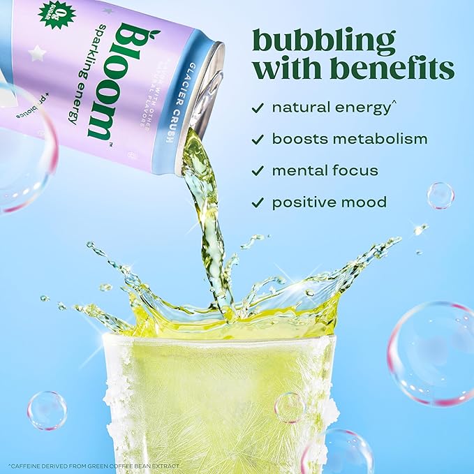 Bloom Nutrition Sparkling Energy Drink - Natural Caffeine, Zero Sugar, 180mg Caffeine - Antioxidant-Rich with Green Coffee Bean, Green Tea Extract, Prebiotics - Glacier Crush - 12oz 12 Pack