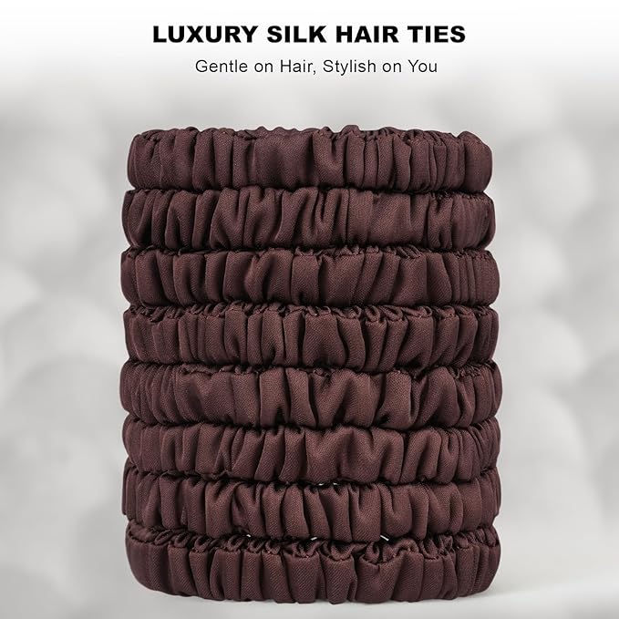 8Pcs Silk Scrunchies Hair Ties for Women & Girls, Mulberry Silk Scrunchies No-Damage Thin Satin Ponytail Holders for Hair Care(Clolor 05)
