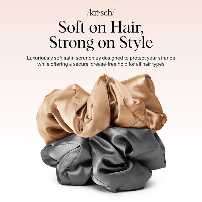 Kitsch Satin Scrunchies for Women - No Crease Hair Ties for Girls | Big Scrunchies for All Hair Types and Textures, Perfect for Day or Night | Ideal Gifts for Women - 2 Pcs, Charcoal and Gold