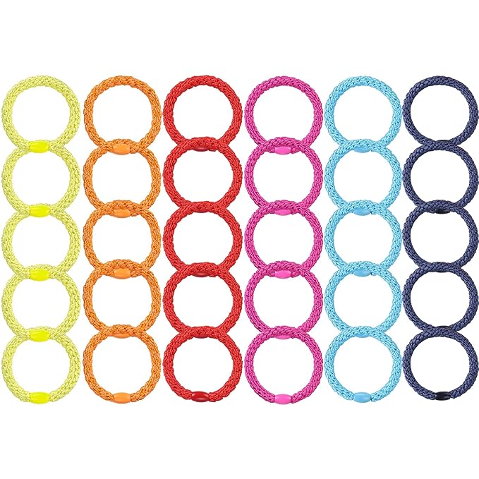 Bracelet Hair Ties for Women Girls, Funtopia 30 Pcs Colorful Elastics Hair Bands Ponytail Holders for Thick Hair, No Metal No Damage Soft Hair Ties with Bead, Bulk Set