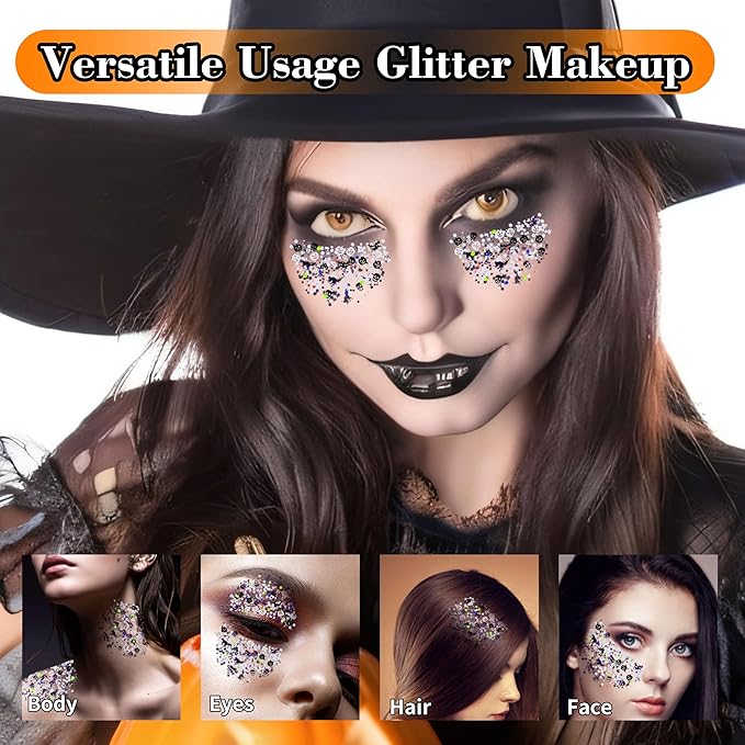 Halloween Body Glitter Gel,Black White Skull Pumpkin Professional Vibrant Music Festival Party Rave Accessories,Sparking Chunky Face Glitter Paint Makeup for Women and Kids