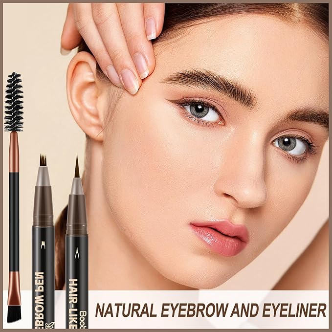 Boobeen 3pcs Waterproof Eyebrow Pen，Dual-Ended Eyeliner Microblading Eyebrow Pencil for Women，Long Lasting Hair-Like Brow Pen with Brow Brush，Dark Brown