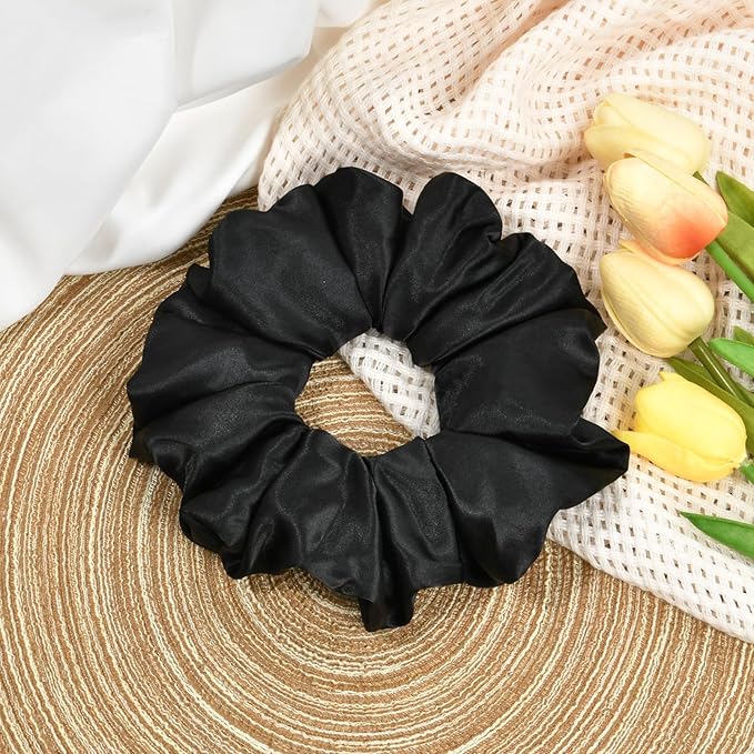 CEELGON Black Big Satin Scrunchie6.5 Inches Jumbo Scrunchies Silky Hair Ties Oversized Ponytail Holderfor Thick Curly Hair Extra Large Hair Accessories for Women (Black)