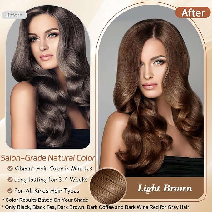 Instant Light Brown Hair Dye Shampoo for Vibrant Hair Color, Natural Herbal Hair Color Shampoo Hair Dye, 3 in 1 Coloring & Care Formula Lasts 3-4 Weeks, Easy & Quick to Use for Women Men, 500ML