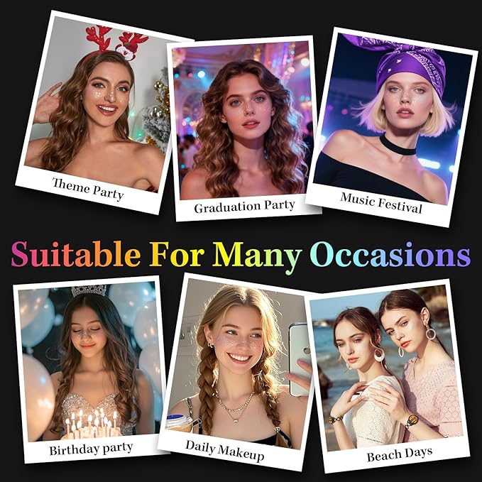 24pcs Glitter Freckles Makeup Patches-Holographic-Face Glitter Speckles, Sparkle Speckles Patches for Women, Glitter Face Freckles Tattoo, Cute Sparkling Fake Freckles,Party Festival Decorations