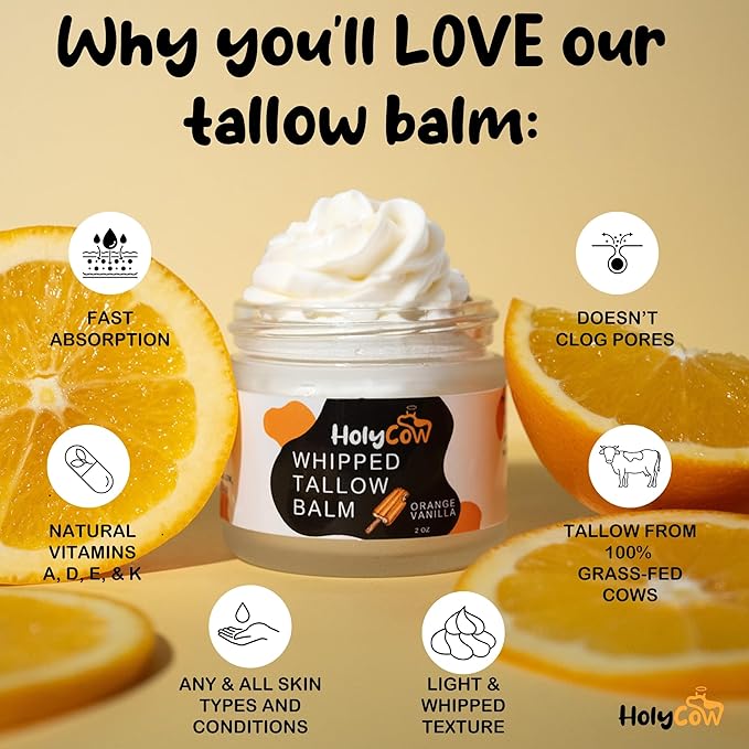 HolyCow Beef Tallow For Skin - Whipped Tallow Balm with Organic Jojoba Oil (Orange Vanilla), Grass Fed Beef Tallow Face Moisturizer for Eczema, Baby, Lip Balm - Lotion For Extremely Dry Skin