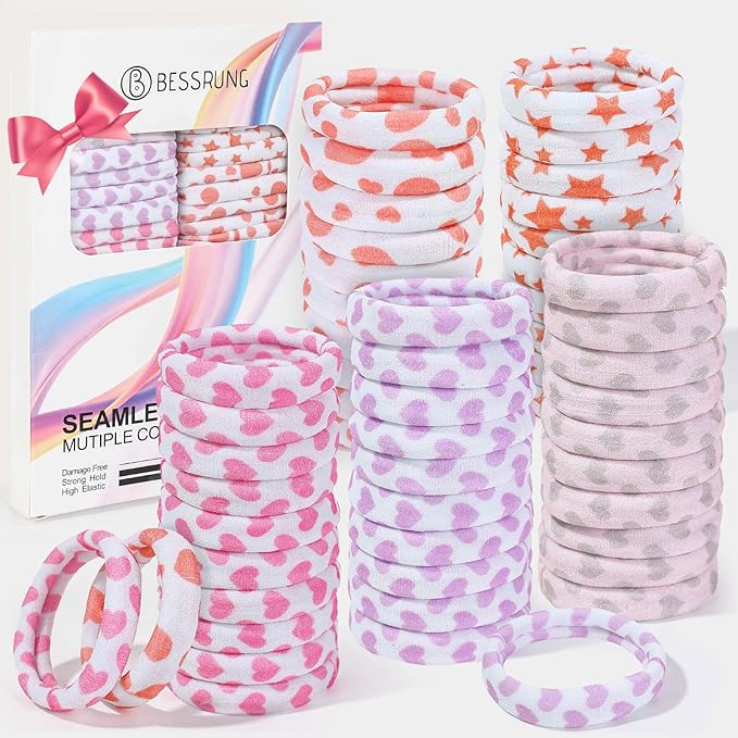 Bessrung 50 PCS Seamless Hair Ties, No Damage Elastics Hair Ties for Women Girls, Soft Stretchy Ponytail Holders for Thin Thick Hair, Snag-Free Hair Bands Stocking Stuffers Christmas Gift(Love)