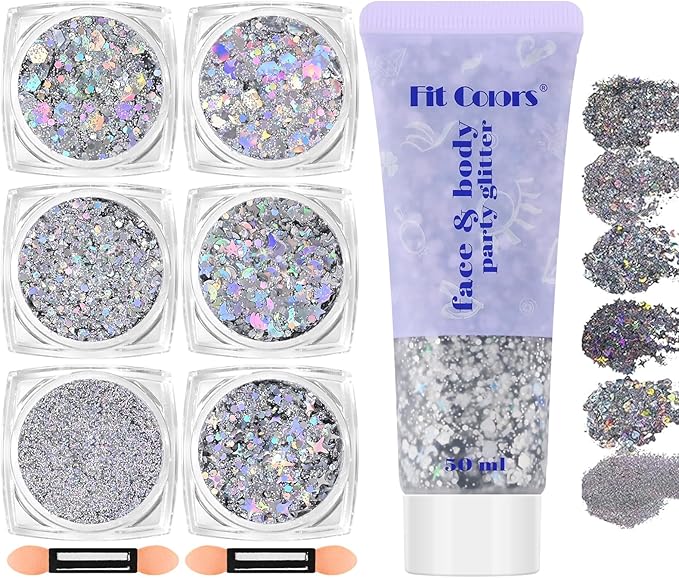 Silver Face and Body Glitter Gel, Party Concerts Cheer Face Paint Holographic Chunky Festival Rave Accessories Glitter Makeup Gel, 6 Kinds of Sparkling Sequins for Hair Nail Eye Lip Body