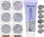 Silver Face and Body Glitter Gel, Party Concerts Cheer Face Paint Holographic Chunky Festival Rave Accessories Glitter Makeup Gel, 6 Kinds of Sparkling Sequins for Hair Nail Eye Lip Body