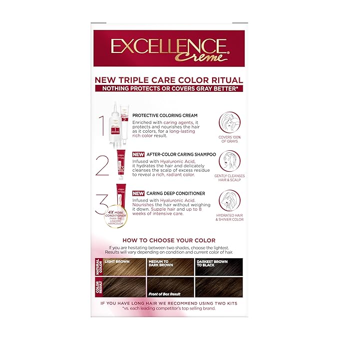 L'Oreal Paris Excellence Crème Permanent Hair Dye, Triple Care Hair Color with Pro-Keratine Complex for 100% Gray Hair Coverage, 4 Dark Brown, 1 Kit