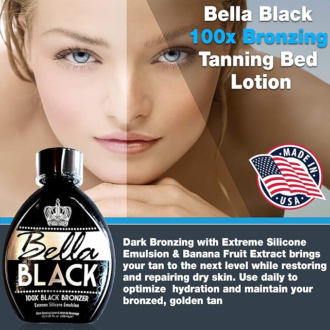 Bella Black 100X Bronzer Tanning Lotion – Premium Tanning Bed Lotion with Extreme Silicone Emulsion and Banana Fruit Extract – Instant Results – Dark Tanning Lotion for Indoor Tanning Beds - 13.5oz