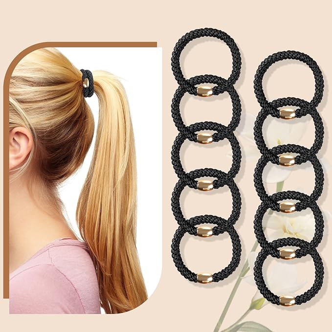 Hair Ties No Damage - 10PCS Ponytail Holders - Elastic Hair Ties for Thick Hair - Braided Hair Bands for Women Girls's Hair - Black