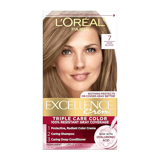 L'Oreal Paris Excellence Crème Permanent Hair Dye, Triple Care Hair Color with Pro-Keratine Complex for 100% Gray Hair Coverage, 7 Dark Blonde, 1 Kit