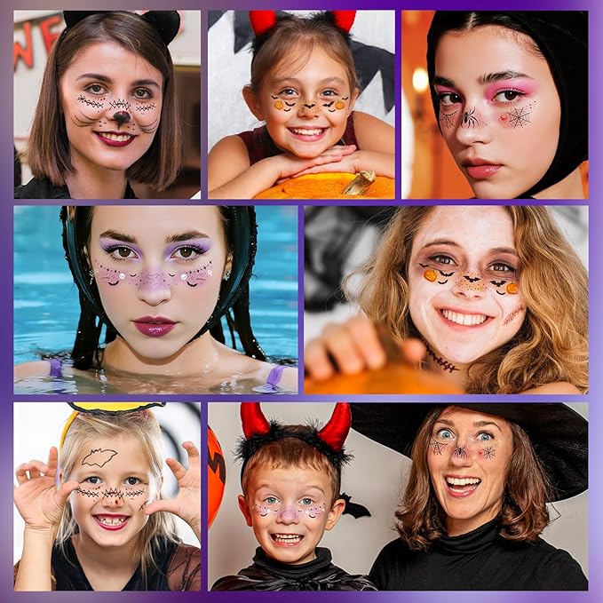 24pcs Halloween Freckles Makeup Patches Face Glitter Speckles, Costumes for Women, Halloween Temporary Face Tattoo Glitter Freckles, Halloween Accessories for Woman ＆ Kids