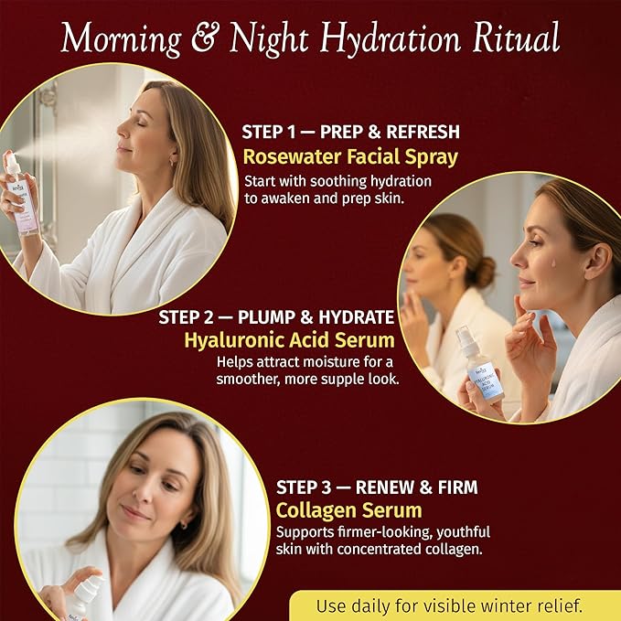 Reviva Labs Ultimate Hydration Trio – 3-Piece Hydrating Skincare for Dry Skin featuring Rosewater Facial Spray, Hyaluronic Acid Serum, and Collagen Serum for Face – Winter Skincare Gift Set for Women