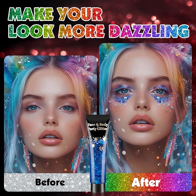 AROIC Face Glitter, 14Pcs Body & Hair Glitter Gel Sparkle Makeup for Women Party Rave Outfits, Concerts Festival Face Paint，Rave Accessories for Music Festivals Black Light Party (7 Colors)
