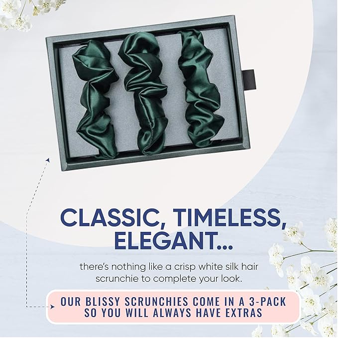 Blissy Silk Scrunchies (3 Pack) - 100% Pure Mulberry Silk - 22 Momme 6A High-Grade Fibers Scrunchie for Straight & Curly Hair (Emerald, Skinny)