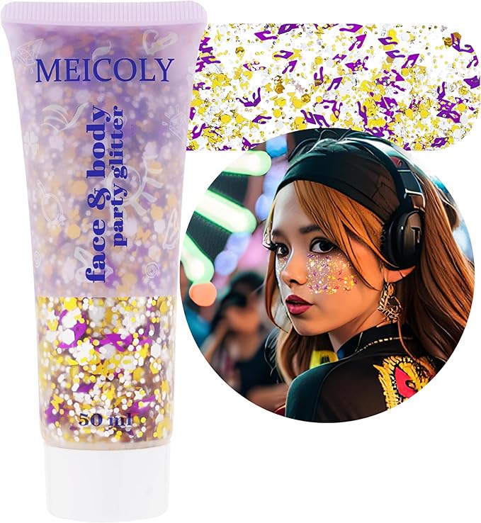 MEICOLY Face Glitter Makeup for Music Festival,Country Concert Outfits for Women,Gold Silver Purple Body Glitter,Halloween Party Accessories Glitter Face Paint,50ml