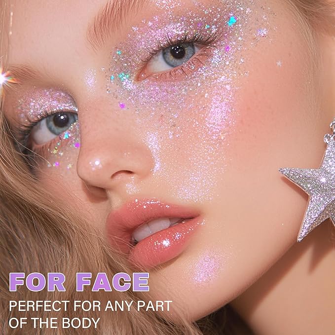 Roll-on Face Body Glitter Gel for Women and Kids, 50ml Large Capacity Holographic Chameleon Color Changing Glitter Gel Shimmer Makeup for Singer Concert Festival Rave Accessories, Sparkling Pink