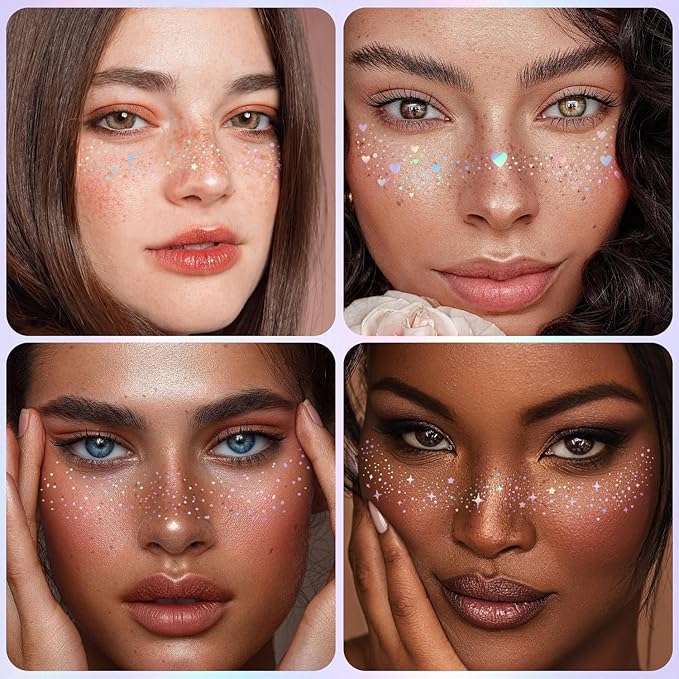 8Pcs Face Makeup Patches, Glitter Freckles Face Tattoo for Teenagers & Young Women, Sparkle Freckles Makeup Patches, Waterproof Face Glitter Freckles for Christmas (8Pcs Holographic Multicolor)