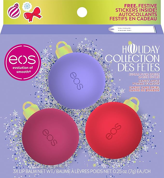 eos Holiday Lip Balm Sphere Gift Set, Sugar Plum Spritz, Candy Apple, Candy Cane Swirl, Limited Edition Lip Care, Natural Shea Butter, 0.25 oz, 3-pack