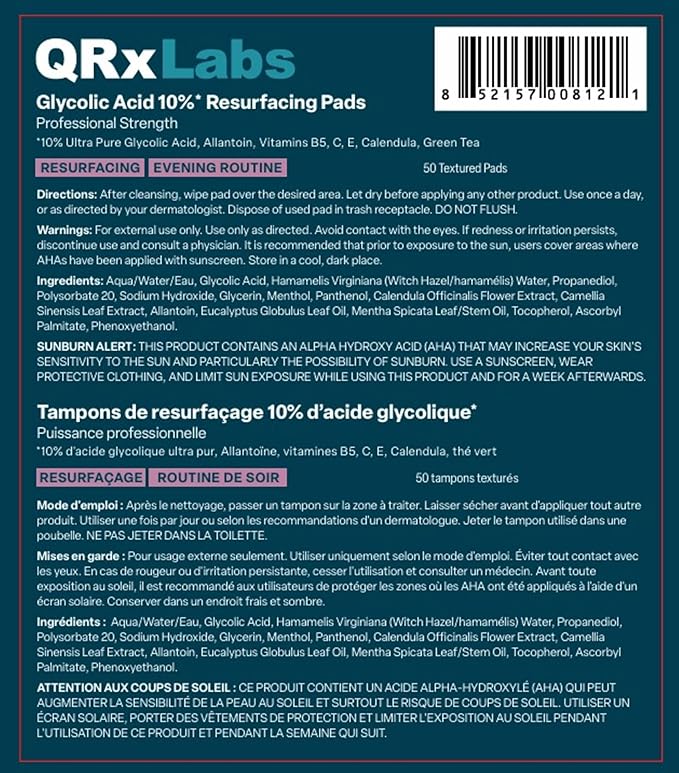 QRxLabs Glycolic Acid Pads - 10% Glycolic Acid Exfoliating Pads - Rinse-Free Face Peel - Antioxidant Chemical Exfoliant with Vitamins B5, C & E, Green Tea Extract - 50 Count, Mint & Eucalyptus