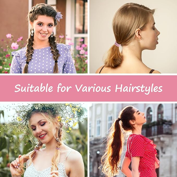 Boho Hair Ties, 20 PCS of 4 Styles Cute Hair Bands for Thick or Thin Hair, No Damage Boho Hair Tie Bracelets, Pink Elastic Hair Accessories for Girls and Women