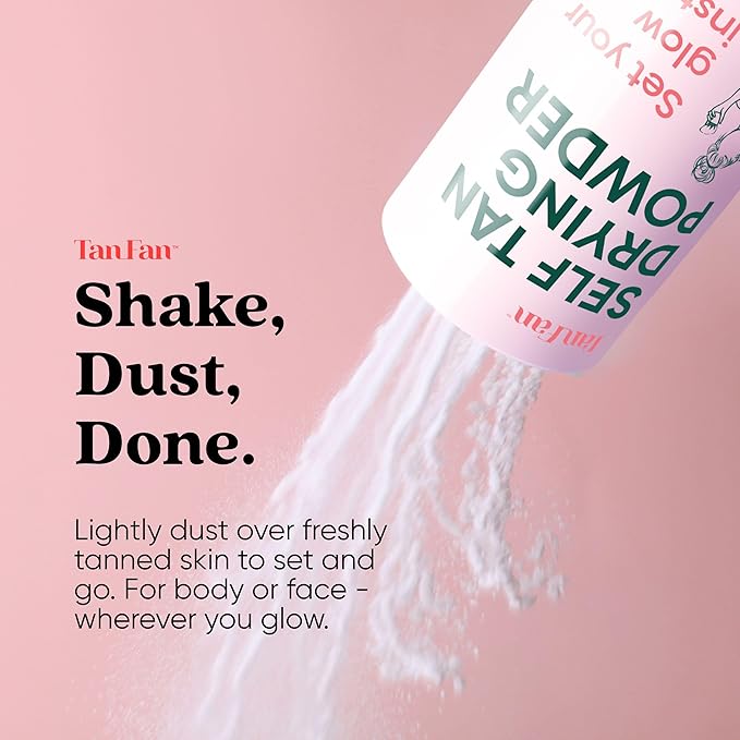 Self Tan Drying Powder Kit – Eliminates Sticky Self Tanner Feel – 100% Vegan Natural Talc-Free Light – Sets Sunless Tanner for Smooth Silky Skin w Brush & Pouch – USA Made (Coconut 3oz Setting Powder)