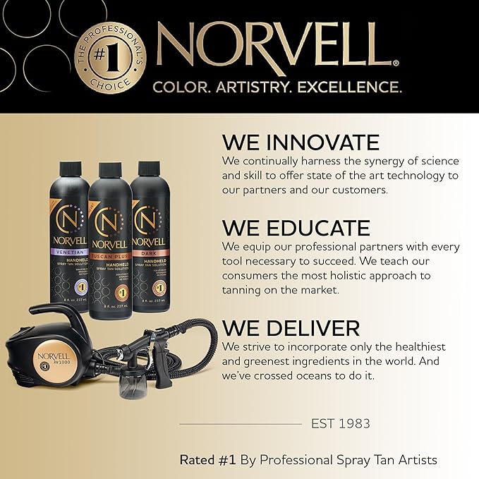 Norvell Sunless M1000 HVLP Spray Tan Machine Kit with 8 oz Tuscan Plus, Venetian & Dark Solutions – Professional Airbrush Tanning System with Training Program by Norvell