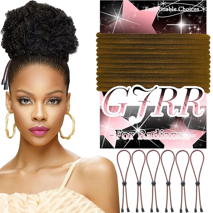6pcs Brown Adjustable Hair Ties - Long, Extra Length Scrunchies for Thick Hair, Afro Puffs & Ponytails - One Handed Use