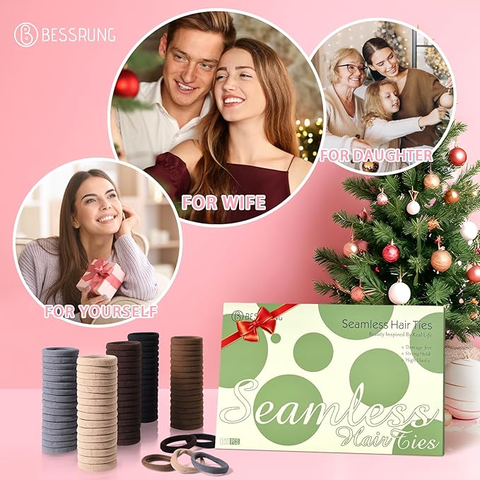 100 Pcs Thick Seamless Brown Hair Ties, Ponytail Holders Hair Accessories No Damage for Thick Hair Christmas Gift(Natural Colors)