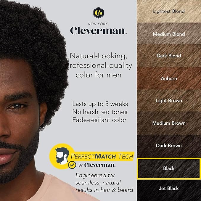 Reusable Hair & Beard Dye System for Men – Up to 5 Uses | 7-Minute Natural-Looking Gray Coverage | No-Drip Cream with SkinArmour® – Cleverman (Black for Black Men)