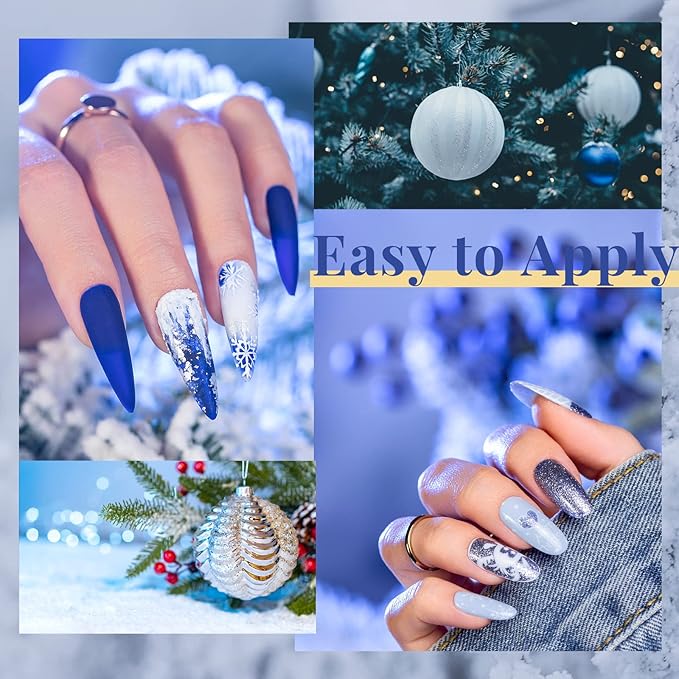 Beetles Christmas Gel Nail Polish Set 5 Winter Colors Dark Blue Glitter White Light Blue Silver Gel Polish with Sealing Gel Sugar Dust Powder Nail Sticker UV LED Needed Gifts for Women Sparkling Snow
