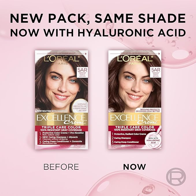 L'Oreal Paris Excellence Crème Permanent Hair Dye, Triple Care Hair Color with Pro-Keratine Complex for 100% Gray Hair Coverage, 5AR Medium Maple Brown, 1 Kit