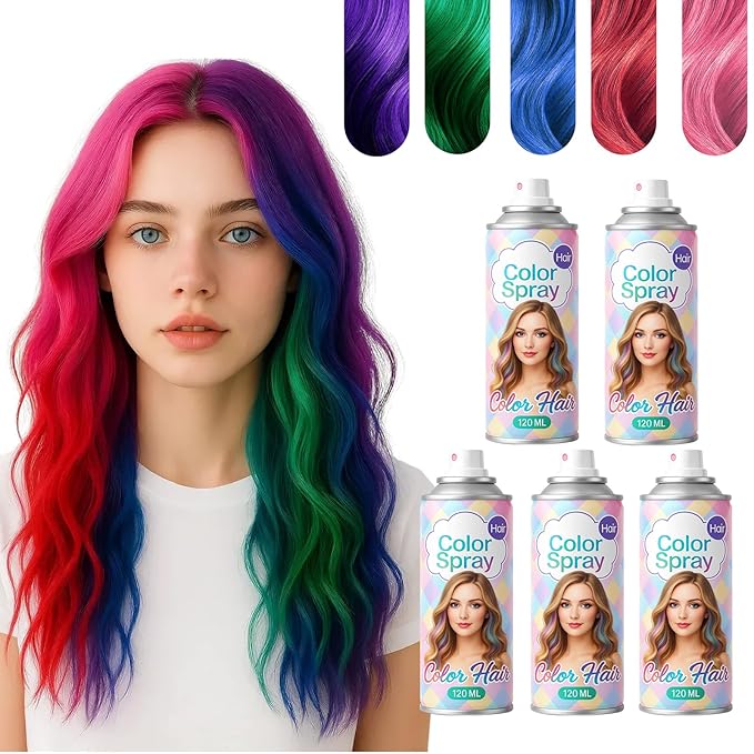 5PC Temporary Hair Color Spray Set, Pink Red Purple Blue Green Hair Spray for Women Kids Men, 1-Day Washable Hairspary for Halloween, Cosplay, Crazy Hair Day, Festivals & Parties