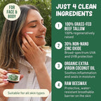 Beef Tallow Sunscreen SPF 35 – Unscented Water Resistant Zinc Sun Balm, Non-Greasy Natural Sunscreen for Face & Body – 4 Natural Ingredients: Non-Nano Zinc, Organic Coconut Oil, Beeswax- 1.8 oz