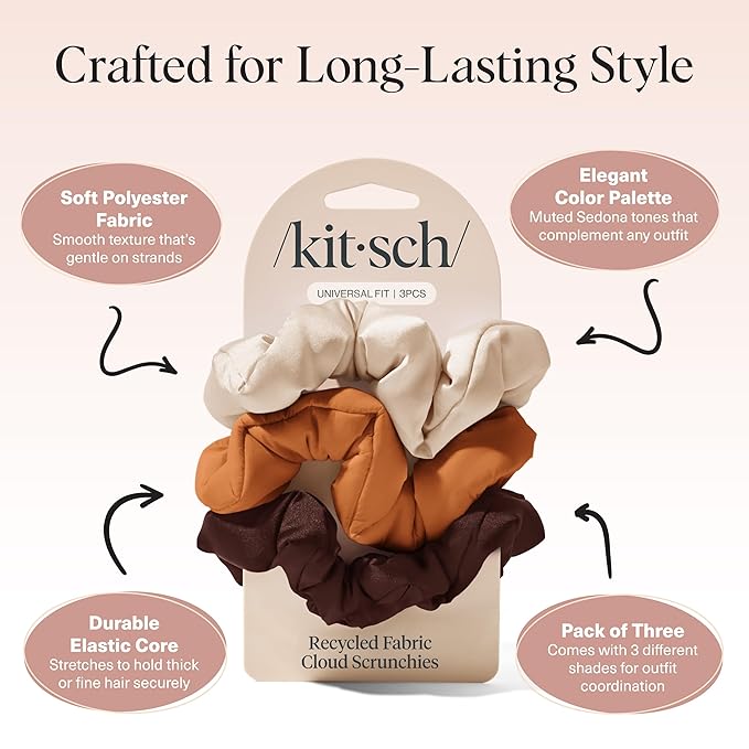 Kitsch Scrunchies for Women - No Crease Hair Ties No Damage | Soft Polyester Scrunchies for All Hair Types | Stylish & Comfortable, For Ponytails & Buns | Ideal Gifts for Women - Sedona, 3pcs