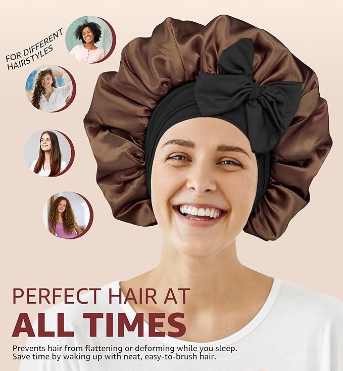 HiRui Silk Satin Bonnet for Sleeping Women, Double-Layer Sleep Cap Shower Cap with Adjustable Tie, Moisture Retaining Satin Lined Hair Bonnet for Curly and Natural Hair (Brown/Black, Large)
