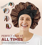HiRui Silk Satin Bonnet for Sleeping Women, Double-Layer Sleep Cap Shower Cap with Adjustable Tie, Moisture Retaining Satin Lined Hair Bonnet for Curly and Natural Hair (Brown/Black, Medium)