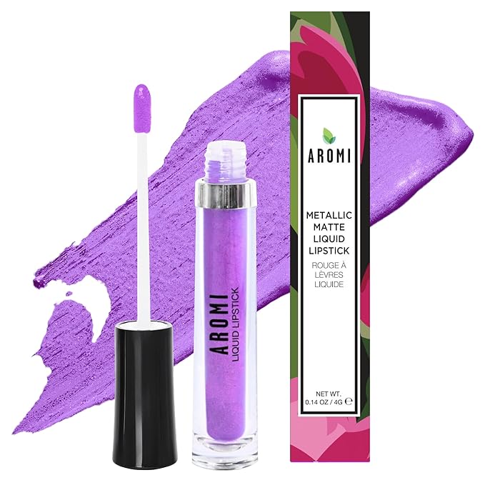 Aromi Purple Lilac Metallic Liquid Lipstick | Bright Lavender Lip Color with Shimmery Finish, Vegan and Cruelty-free, Long-Lasting, Smudge Proof, Handmade (Purple Unicorn)