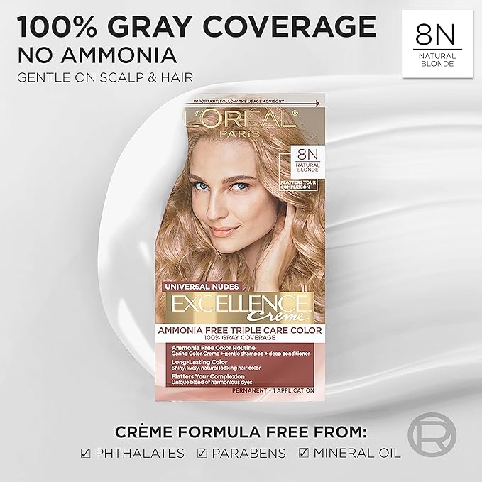 L’Oreal Paris Excellence Universal Nudes Permanent Hair Color, Ammonia Free Hair Dye for Gray Hair Coverage, 8N Natural Blonde, 1 Hair Dye Kit (Pack of 2)