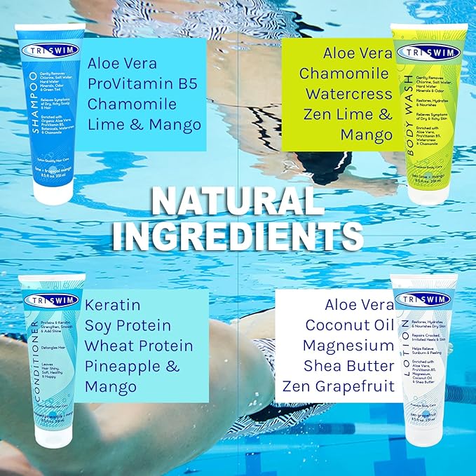 TRISWIM Gift Set Value Pack of 4 + Mesh Bag Travel Kit Swim Care Chlorine Removal Body Wash + Swimmers Shampoo + Conditioner and Lotion 8.5 fl oz for Hydrated Skin and Healthy Hair