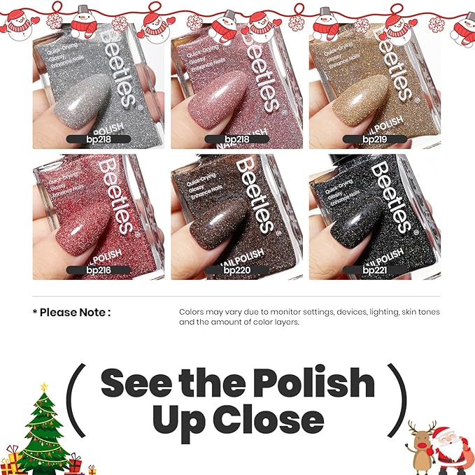 Beetles Glitter Nail Polish Set, 6 Color Silver Pink Gold Red Brown Black Quick Air Dry Nail Polish Natural Elegant Nail Lacquer Manicure DIY Nail Art Salon Christmas Gifts For Women