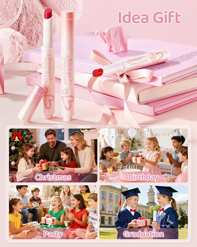 RUNBEN Kids Tinted Lip Balm, Fresh Cherry Lips Gloss, 24H Moisturizing, Safe & Non-toxic Lipstick for Kids & Teen, Christmas Makeup Gift for Girls, 2g