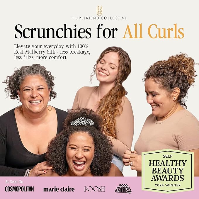 Curlfriend Collective Houndstooth XL Silk Scrunchie – 100% 22 Momme Mulberry Silk Hair Tie for Curly, Coily & Thick Hair – Gentle Hold, Extra Stretch, Stylish & Snag-Free