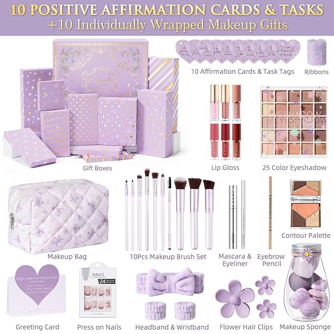 Teen Girl Gifts Trendy Stuff, 10 Positive Affirmation Cards & Empowering Challenges to Unlock 10 Wrapped Makeup Gift Set Motivational Birthday Christmas Gift Stocking Stuffers for Tween & Teenage Girl